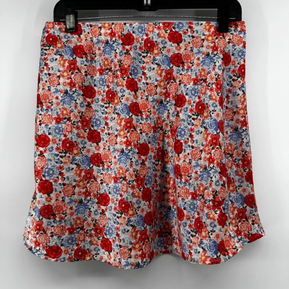 Floral Mini‎ Skirt Coral Blue A-Line Size M 7-9 Cottagecore Chic Flowy Vacation